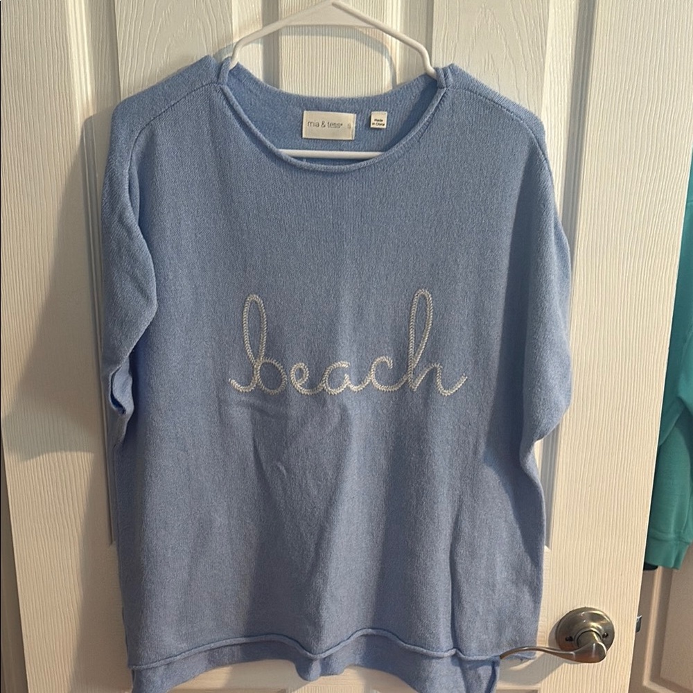 Blue Short Sleeve Tee Beach Script